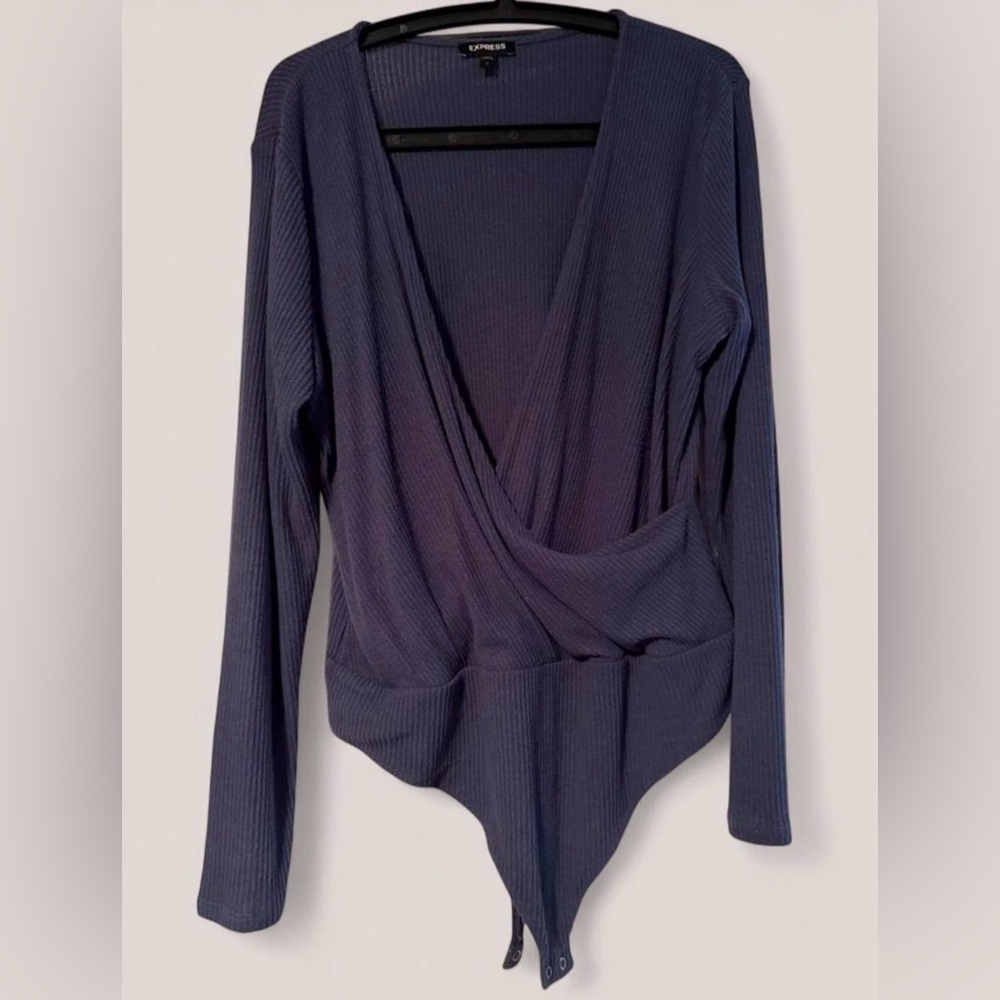 Express Ribbed Long Sleeve Wrap Bodysuit - Navy Blue